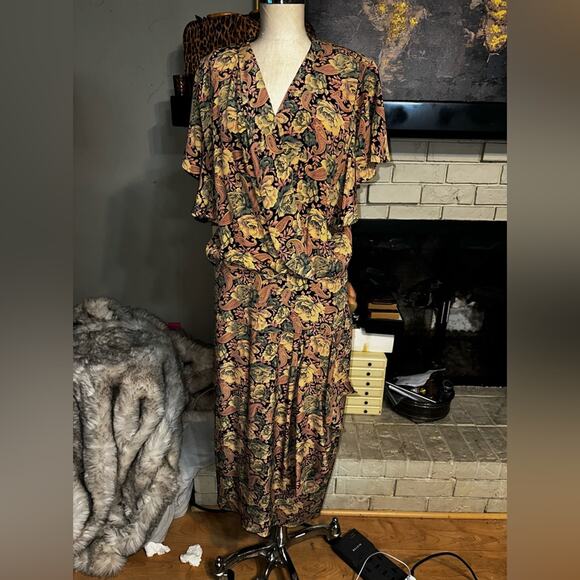 Vintage CHADWICK Faux Wrap Fall Floral Shades Dress Padded Shoulders Sz 17/18 - Picture 1 of 12
